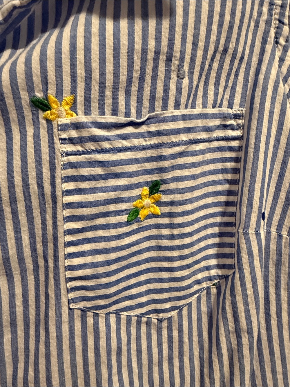 Talbots Blue Stripe Sleeveless Button-Up Top with Yellow Floral Embroidery - Picture 3 of 5